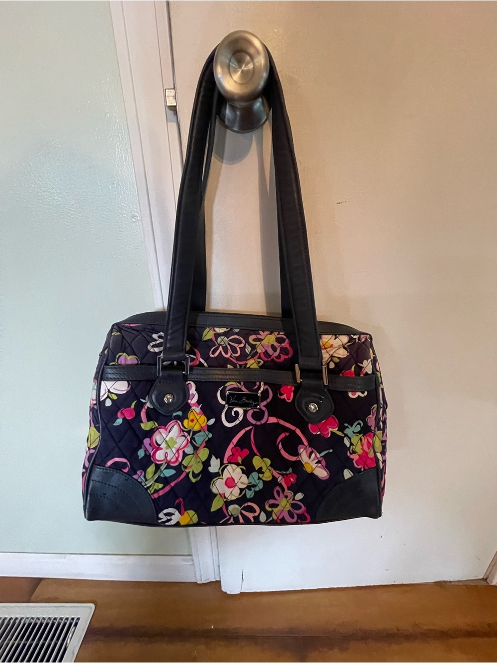 Vera Bradley Navy Blue Quilted Shoulder Bag with Multi-Color Floral Print